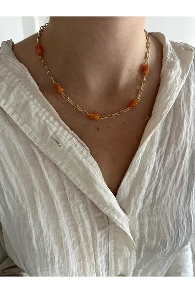 Charmist 14K Çelik Üzeri Altın Kaplama Ataç Zincir Turuncu boncuk Kolye
