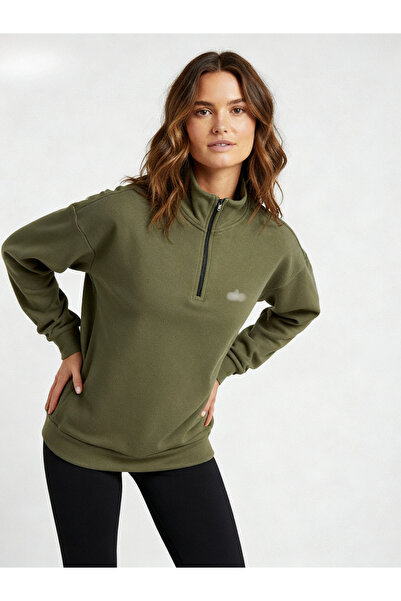HepsitrentStore Khaki Color Zippered Collar Long Sleeve Sweatshirt