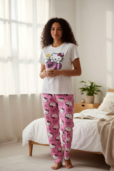 Star Fashion Women's cotton pajamas, short sleeves, cheerful print, long pants