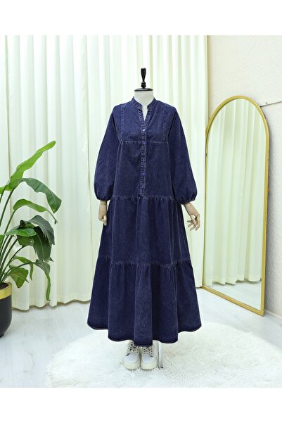 Modamorfo Half Buttoned Sleeve Elasticated Bat Sleeve Denim Dress - Navy