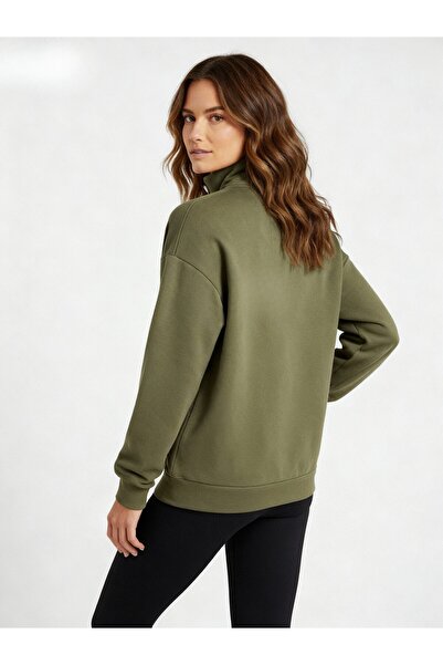 HepsitrentStore Khaki Color Zippered Collar Long Sleeve Sweatshirt