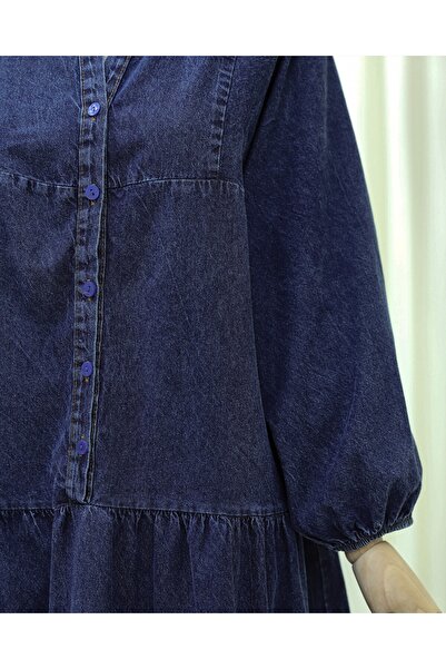 Modamorfo Half Buttoned Sleeve Elasticated Bat Sleeve Denim Dress - Navy