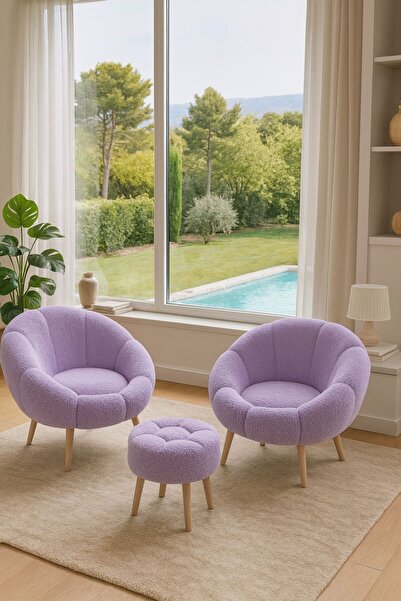 KOKİ DESİGN LİDA Lila Wellsoft Peluş Kumaş İkili Berjer Seti PAPATYA PUF HEDİ...