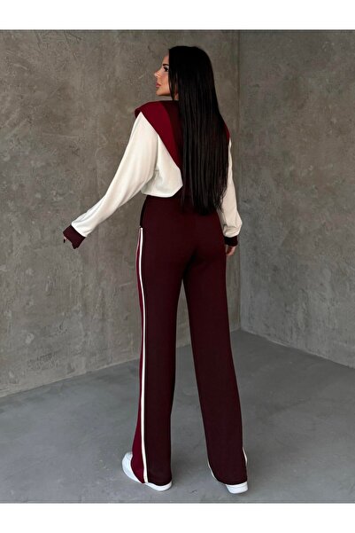 HARMONY GLOBAL Women's Burgundy Red Double Sport Suit – Comfortable O Oversized Top & Ş Striped Detail Wide Leg Pants 7621