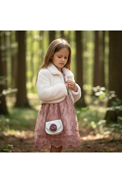 FESSHERA Girls' Dress Tulle Lace Princess Dress and Plush Coat Combination Chain Strap Mini Bag Set