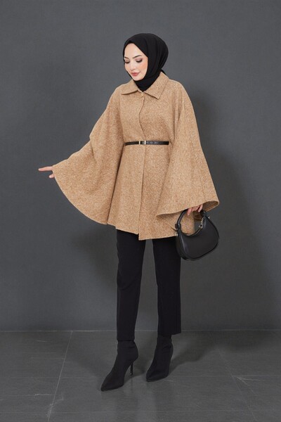 Cochines Women's Tan Gold Brooch Buttoned Belted Shirt Collar Wrinkled Cashmere Short Coat Hijab Tunic Long Poncho