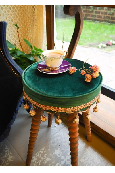 RENDORA MOBİLYA Ahşap Ayaklı Zümrüt Yeşili Puf