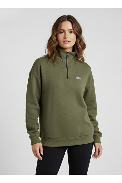 HepsitrentStore Khaki Color Zippered Collar Long Sleeve Sweatshirt