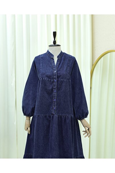 Modamorfo Half Buttoned Sleeve Elasticated Bat Sleeve Denim Dress - Navy