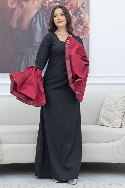 TREN Black Crepe Evening Dress with Rose Burgundy Statement Sleeves Long Formal Gown Modest Elegant