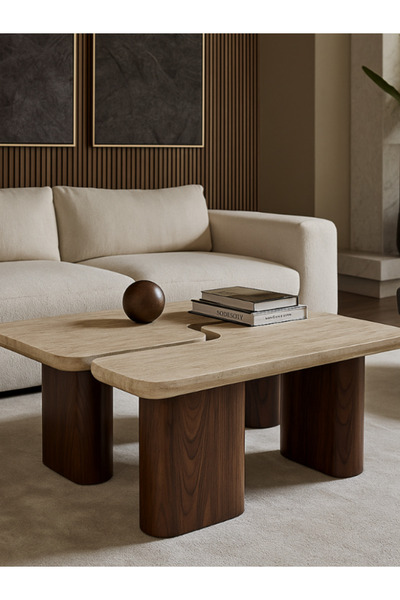 BEC60 طاولة قهوة خشبية مزدوجة بتصميم نحتي مودرن