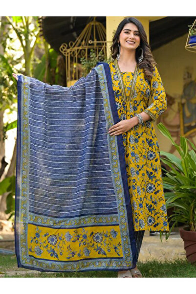 MYSMAR Yellow Viscose Cotton Printed Salwar Kameez & Dupatta - ALV1025 | Yellow