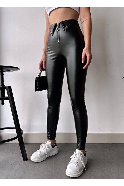 LACHT Women's Black Fleece-Lined High Waist Zipper and Snap Detail Leather Leggings