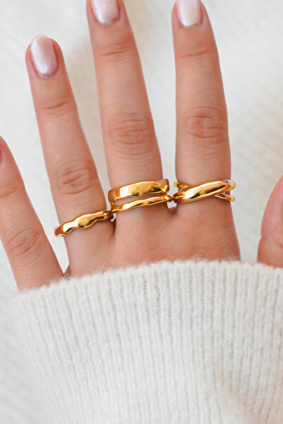 TREND COLLECTİON Modern Dalga Model Gold Kadın Yüzük Seti (3 Adet)