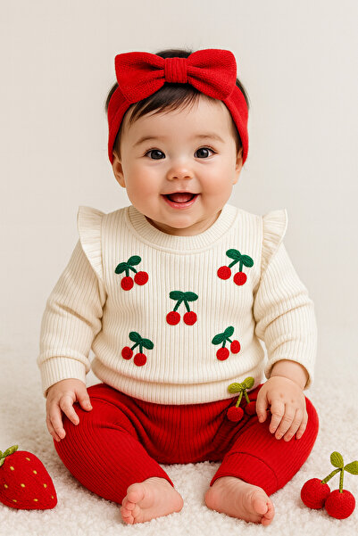 LITTLE&CO Kız Bebek 0-24 Ay Kiraz Nakışlı Kız Bebek İkili Takım – Kırmızı Bey...
