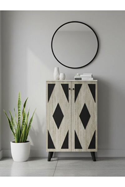 Bec4 Wooden shoe cabinet with two doors and a geometric pattern | Stylish entryway organization