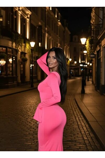 JANES Γυναικείο μακρυμάνικο φόρεμα με τετράγωνο λαιμόκοψη με λεπτομέρεια με μανσέτες με φανελάκια