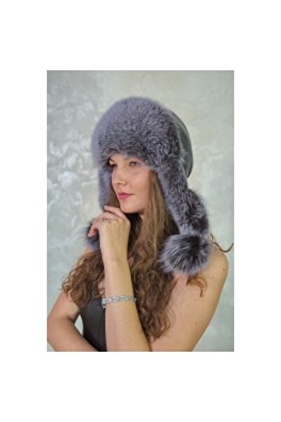 PFA CIOCARLAN ELENA Youth leather and fox fur hat, gray/blue, CBF021 56 cm