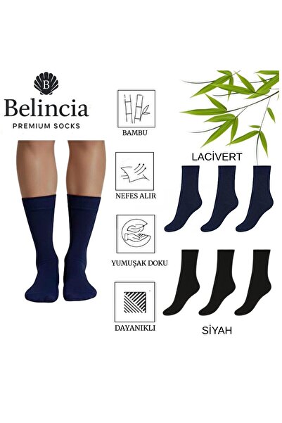 belincia Bambu Men's Socks Long Plain Black and Navy Blue Seamless 6-Piece Pack (3 Black - 3 Navy Blue)