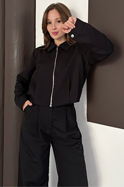 Zerenyus Zipper Closure Wide Leg Top and Bottom Trench Suit Black