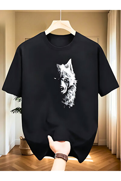 Printiva تيشيرت أسود قصة فضفاضة للجنسين من زينروفا، مطبوع عليه شعار نايس وولف...