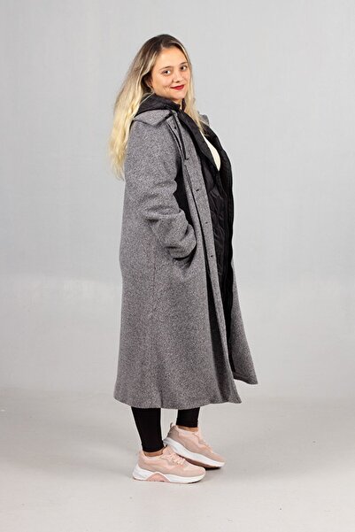 Truva XXL Gray Cashmere Coat – Quilted Inside, Hooded, and Detachable Hood
