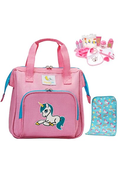 HappyVk Doll Accessory Bag with Changing Mat and 14-Piece Accessory Set - - Pink with Unicorn Embroi
