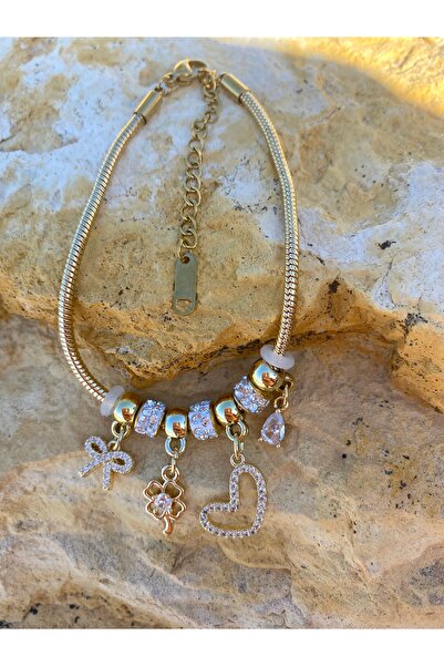 Emira Luxe Accessories Çelik Gold Renk Charm Detaylı Kadın Bileklik Kalp,Yonc...