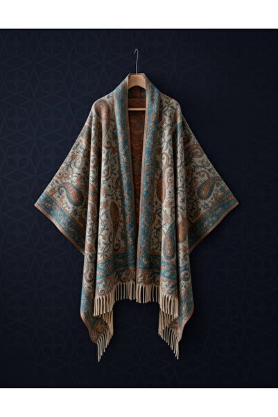 DU Women's cashmere and cotton scarf/shawl, warm and soft - mauve with a bohemian paisley pattern, fringed, 200 cm long