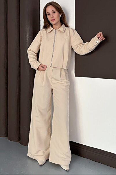 Zerenyus Zipper Closure Wide Leg Bottom Top Trench Suit Beige
