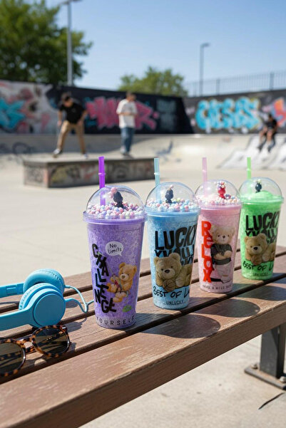 EVONİTA 500 ML Oyuncaklı Kapaklı Pipetli Bardak Ayıcık Baskılı Soğuk İçecek K...