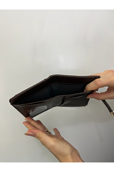 shiny ever Bitter Brown Knitted Motif Leather Women's Wallet Handbag with Gold Detail