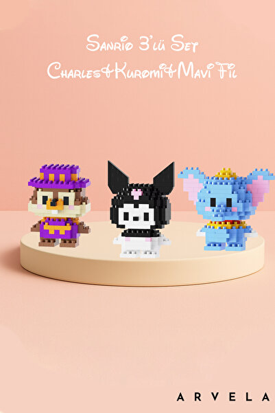 Arvela Mini Blok Oyuncak Figür Seti 3’lü – Charles, Kuromi ve Mavi Fil | Sanr...