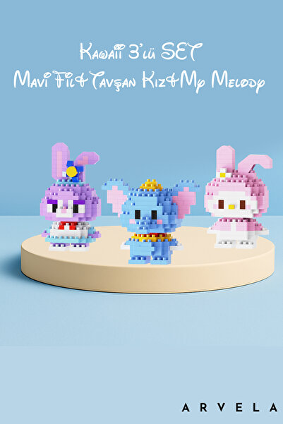 Arvela Mini Blok Oyuncak Figür Seti 3’lü – Mavi Fil, Tavşan Kız ve My Melody
