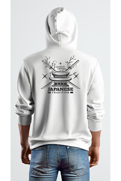 Gadali Hanorac unisex alb cu glugă, imprimat, cu buzunar cangur, croială leje...