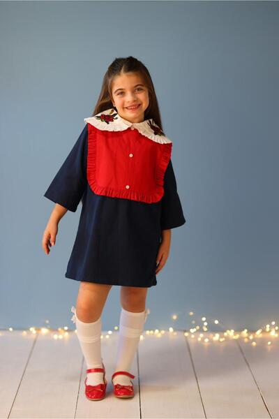 Hulm Yakası Nakış Detaylı Gabardin Elbise