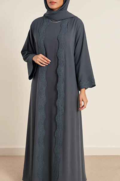 MayaCloset Premium Long Gray Nidah Cap Ferace Abaya with Elegant Lace Trim