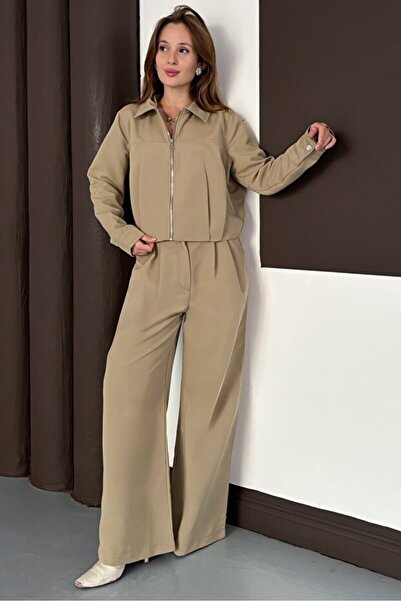 Zerenyus Zipper Closure Wide Leg Top and Bottom Trench Suit Khaki