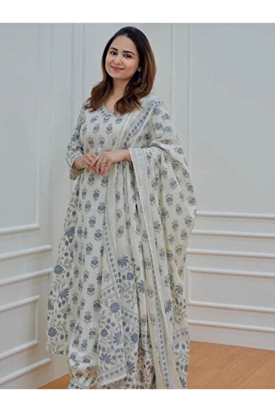 MYSMAR White Cotton Embroidery Salwar Kameez & Dupatta - ALV1131 | White