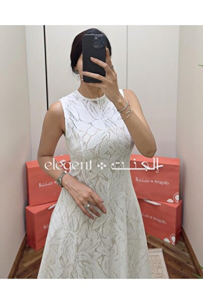 Elegent A white, sleeveless lace dress with an elegant design and embroidered leaf pattern.