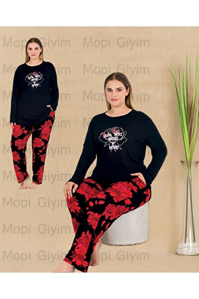 MOPİ Plus Size Black-Red Rose Patterned Viscose Home Wear & Pajama Set