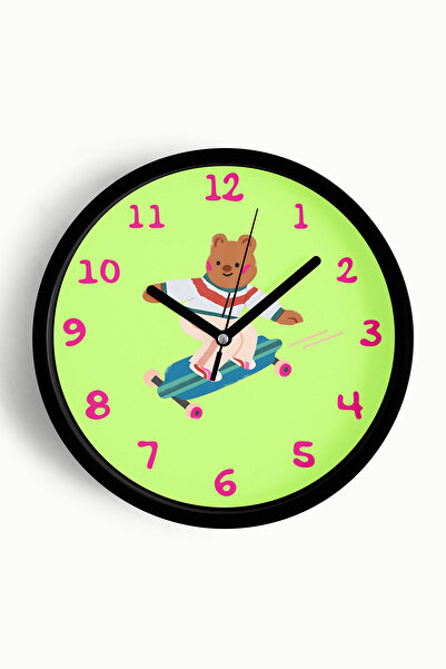 JHAAR ساعة حائط لغرفة الأطفال على شكل دب يركب لوح التزلج - 30 سم - هيكل أسود ...