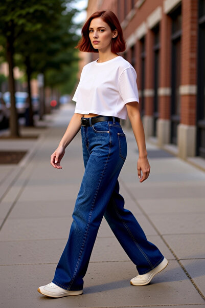 PayBuy Pantaloni de damă din denim cu picioare largi, întunecat talie înaltă ...