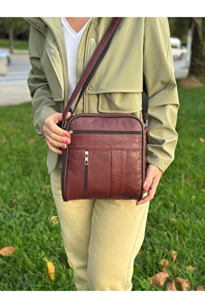 Deribag Genuine Leather, Medium Size, Crossbody Strap, Women's Shoulder Bag, Burgundy, 22*24*5 cm