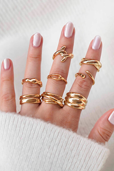 TREND COLLECTİON Gold 8’li Ayarlanabilir Vip Kadın Yüzük Seti – Altın Kaplama