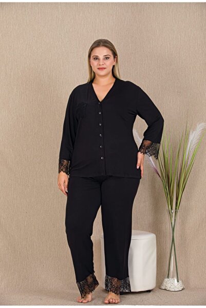 MOPİ Plus Size Black Buttoned and Lace Detailed Long Sleeve Very Stylish Viscose Home Wear & Pajama Set