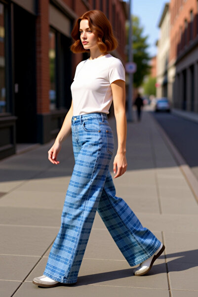 PayBuy Pantaloni de damă din denim cu model în carouri, cu picioare largi, ta...