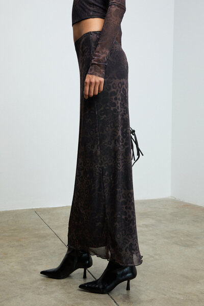 GRIMELANGE Beulah Women's Maxi Size Slim Fit Elastic Waist Tulle Tie-Dye Patterned Black-Leopard Patterned Skirt