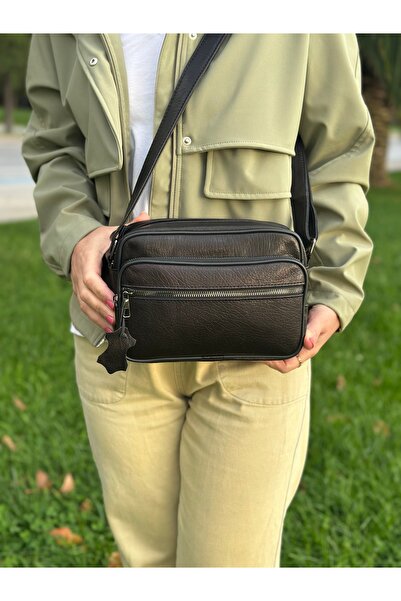 Deribag Genuine Leather, Medium Size, Crossbody Strap, Women's Shoulder Bag, Black, 23*17*8 cm