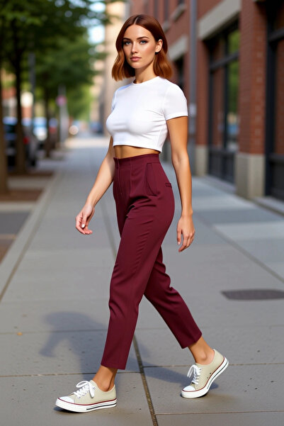 PayBuy Women's Cigarette Cut High Waist Pleated Woven Pants Functional Durable Quality Stylish